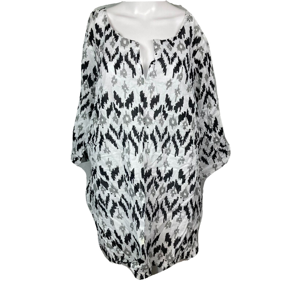 Avenue Shirt Womens Sz 22 24 White Black Gray Cotton Short Sleeve V Neck Popover